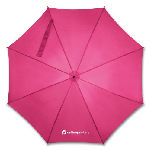 Ombrello automatico rosa con manico in legno e custodia protettiva coordinata.