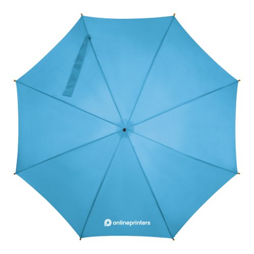Ombrello automatico in legno azzurro con copertura e manico.