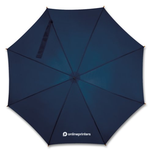 Ombrello dritto automatico blu scuro con manico in legno.