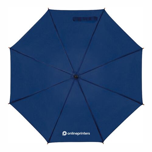 Ombrello dritto automatico blu scuro con manico in legno.