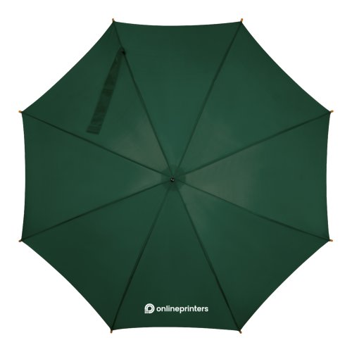 Ombrello automatico in legno verde scuro con manico in legno.
