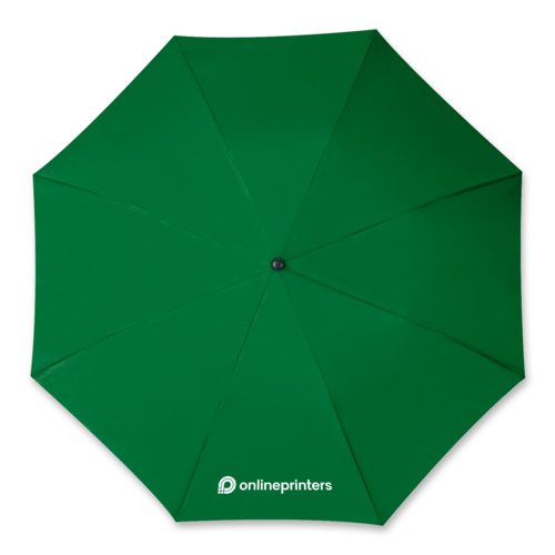 Ombrello pieghevole verde scuro con custodia e manico.