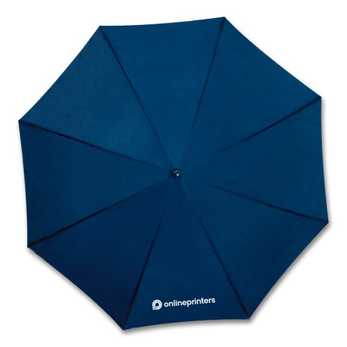 Ombrello automatico blu scuro con ampia cupola.