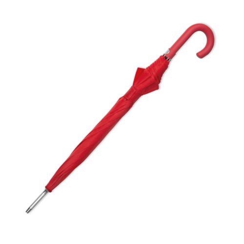 Ombrello automatico rosso con manico curvo.