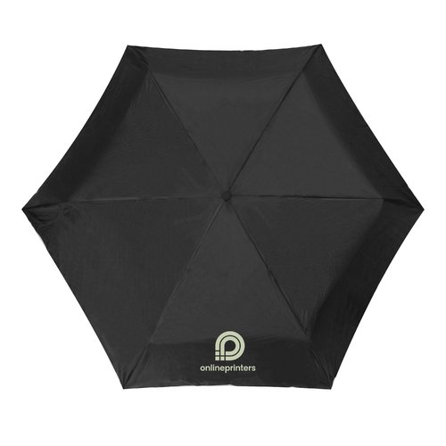 Mini ombrello tascabile nero con custodia e meccanismo di apertura manuale.