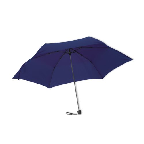Mini ombrello blu scuro con custodia e manico corto.