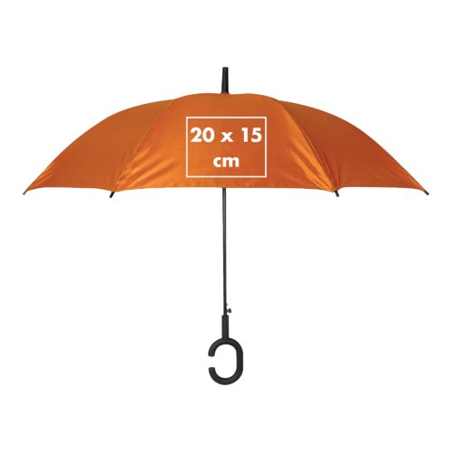 Ombrello arancione con manico speciale.