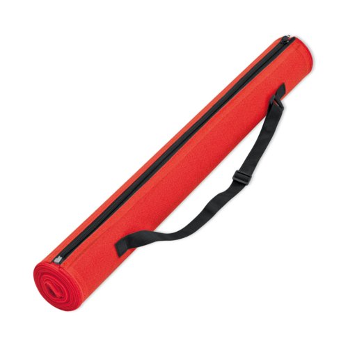 Telo da spiaggia rosso con cerniera e tracolla.