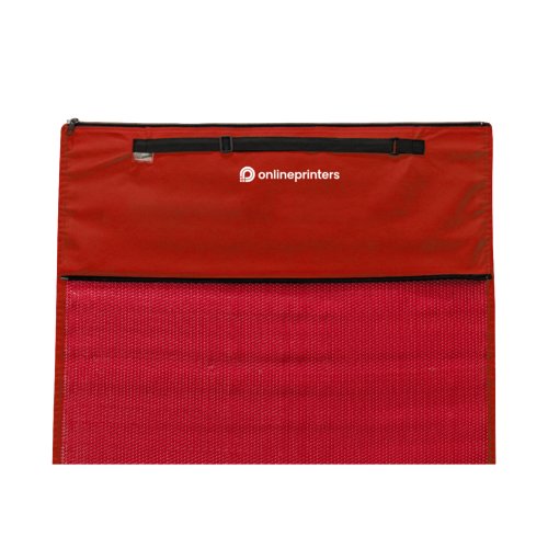 Telo da spiaggia rosso con maniglia e scomparto con zip.