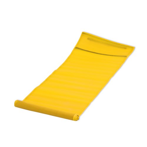 Telo da spiaggia in tessuto giallo, arrotolabile.