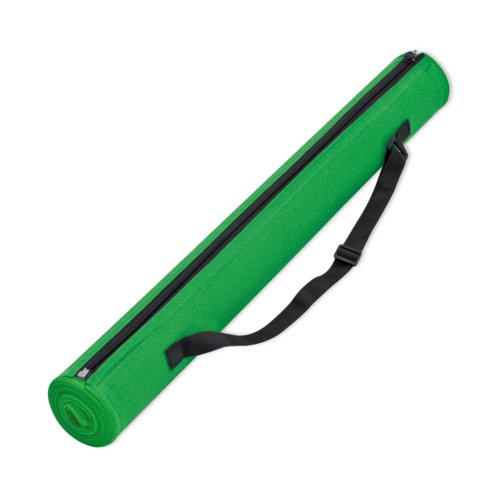 Telo da spiaggia verde con motivo, cerniera e tracolla.