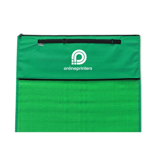 Telo da spiaggia verde con maniglia e tasca con zip.
