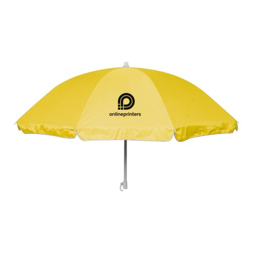 Ombrellone da spiaggia giallo con struttura regolabile.