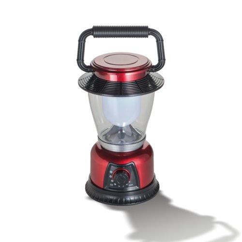 Lampada da campeggio a LED rossa con maniglia e interruttore a manopola.
