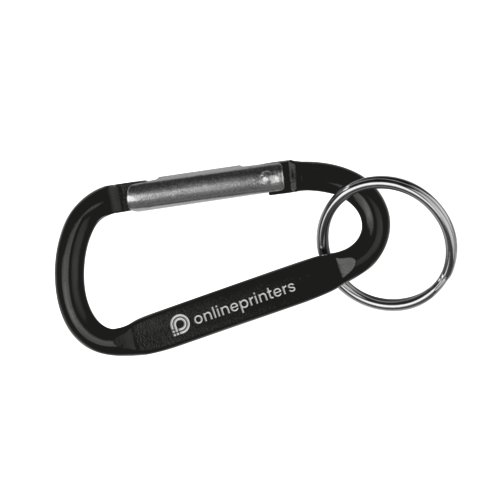 Portachiavi a moschettone nero con anello in metallo.