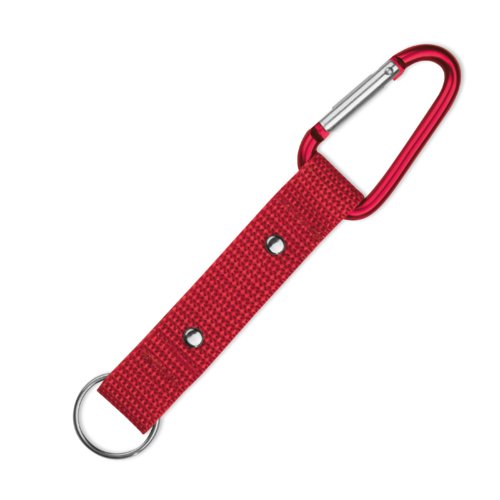 Portachiavi in tessuto rosso con moschettone e anello in metallo.