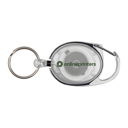 Moschettone bianco con anello e clip per fissaggio variabile.