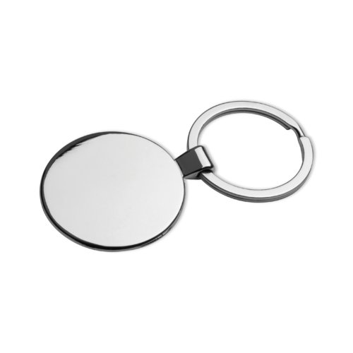 Portachiavi in metallo grigio con motivo e anello.
