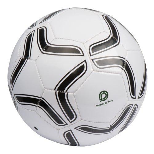 Pallone da calcio bianco in materiale sintetico di dimensioni regolamentari.