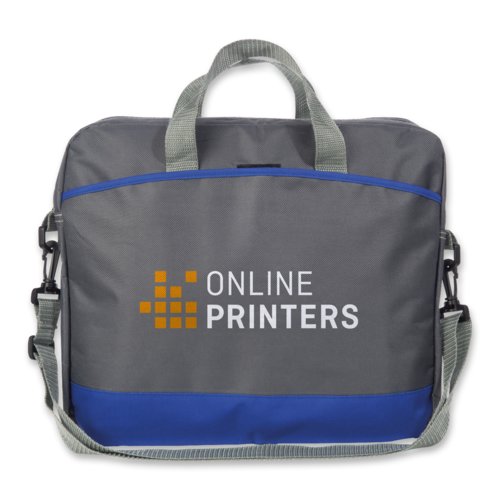 Borsa per laptop blu in poliestere con manici e tracolla.