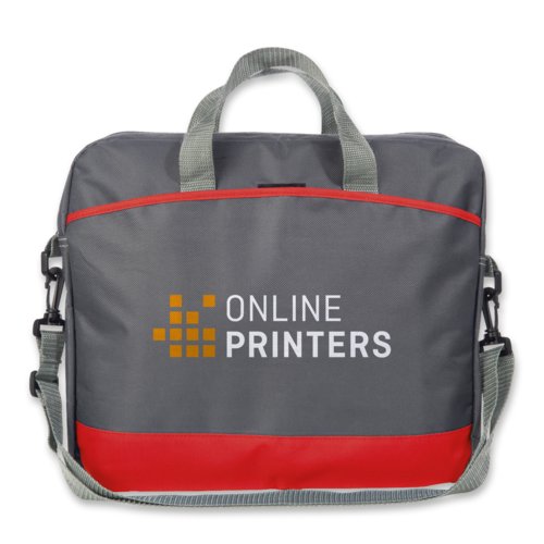 Borsa rossa in materiale sintetico per laptop con maniglie e tracolla.