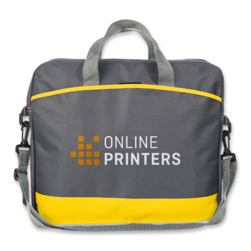 Borsa per laptop in tessuto giallo con manici e tracolla.