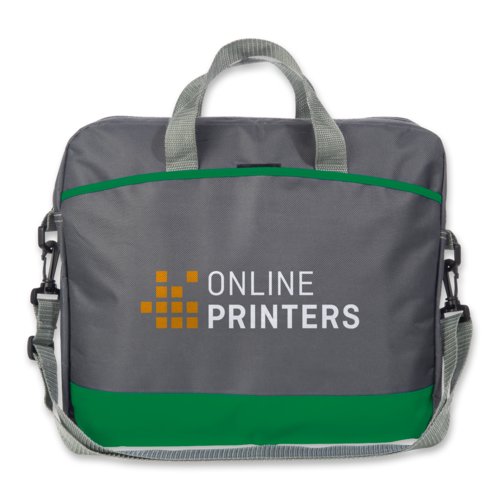 Borsa per laptop in tessuto verde con maniglie e tracolla.