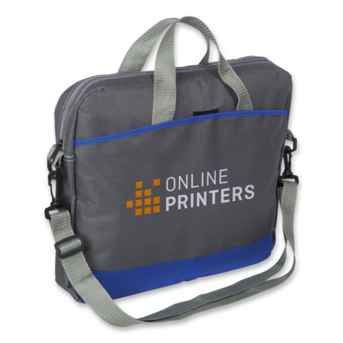 Borsa per laptop in tessuto grigio con cerniera e manici.