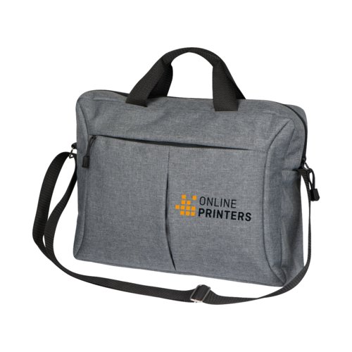 Borsa grigia per laptop con manici e tracolla.