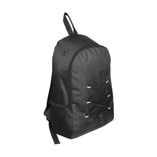 Zaino nero con cerniere e tasca laterale.