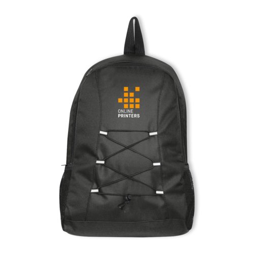 Zaino nero con chiusura a coulisse e tasche laterali.