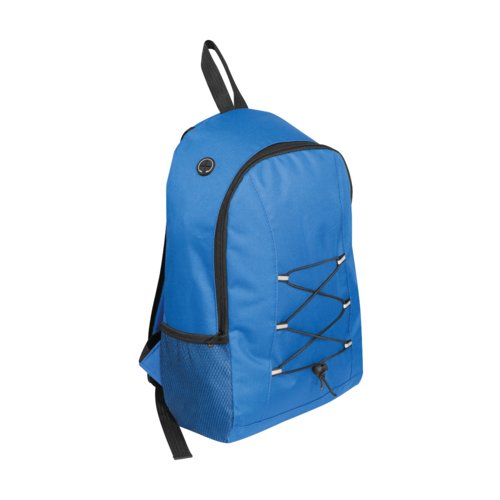 Zaino blu con spallacci regolabili e cordini elastici.