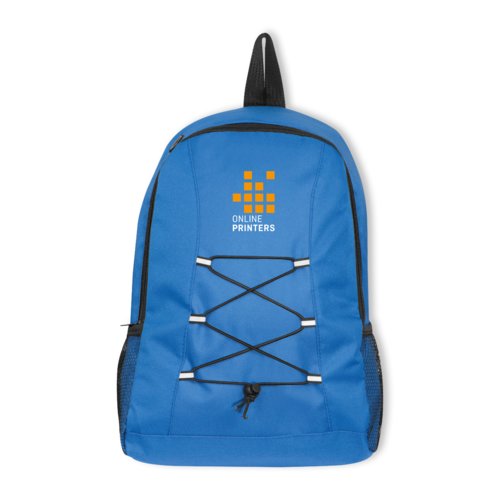Zaino blu in tessuto con chiusura a coulisse e tasche laterali in rete.
