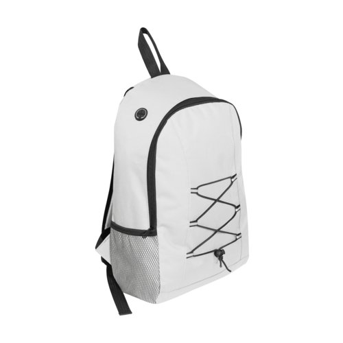 Zaino bianco con tasca laterale e cordino elastico.