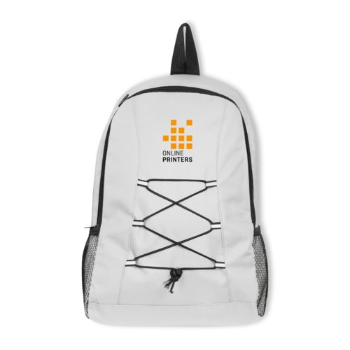 Zaino bianco in poliestere con coulisse e tasche laterali in rete.