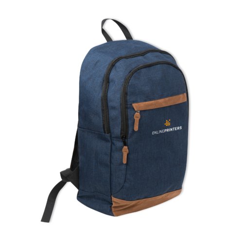 Zaino blu in tessuto con scomparti con zip e spallacci regolabili.