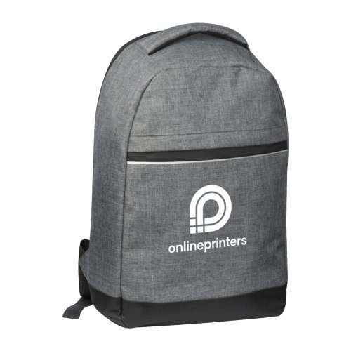 Zaino grigio per laptop con scomparto con zip e maniglia.