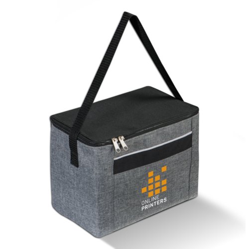 Borsa termica in tessuto antracite con cerniera e maniglia.