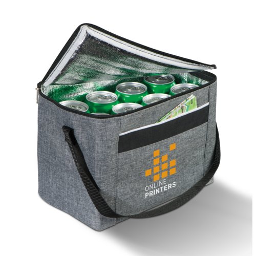 Borsa termica grigia in poliestere con cerniera e manici.