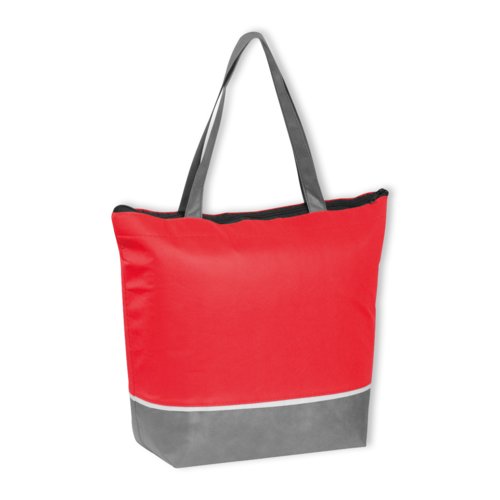 Borsa termica rossa in tessuto non tessuto con cerniera e maniglie.