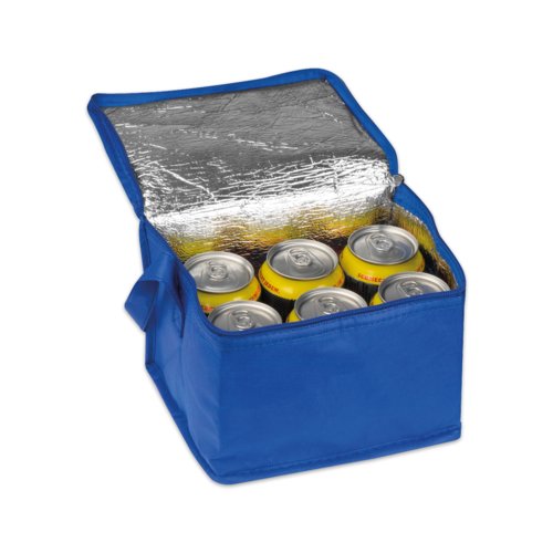 Borsa termica blu in tessuto non tessuto con manici e cerniera.