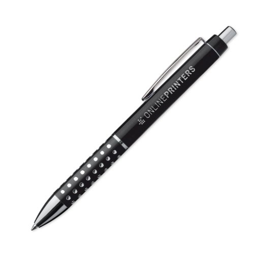 Penna a sfera in metallo nero con clip e pulsante.