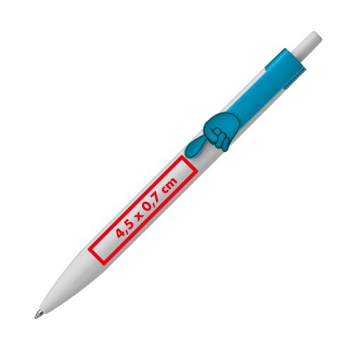 Penna a sfera in plastica bianca con clip colorata e meccanismo a scatto.