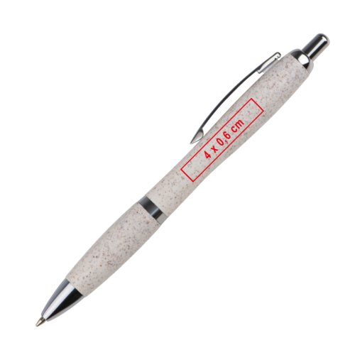 Penna a sfera beige in paglia di grano con clip e pulsante.