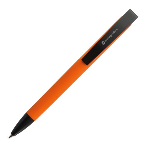 Penna a sfera arancione con clip e meccanismo a pressione.