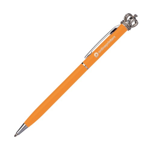Penne a sfera arancione in metallo con clip e decorazione a corona.