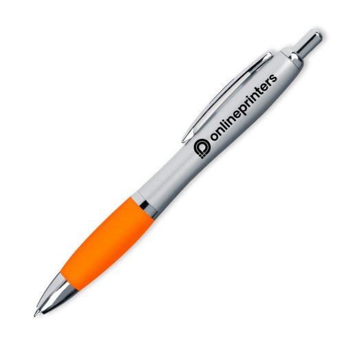 Penne a sfera arancione in plastica con clip e pulsante.
