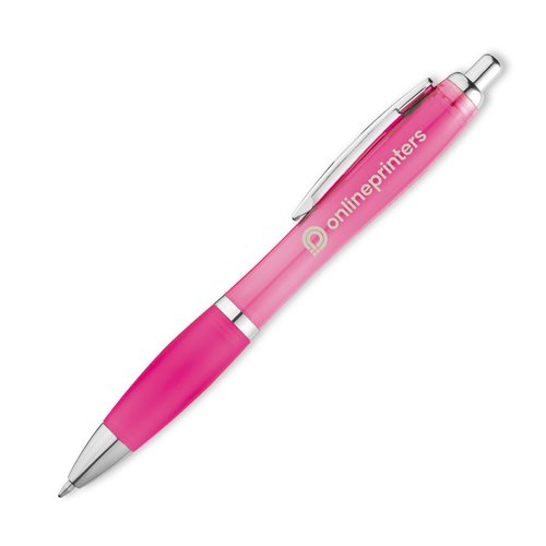 Penna a sfera rosa in plastica con clip.