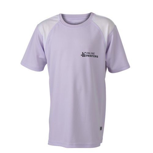 Maglietta da running in poliestere lilla per bambini con maniche corte.