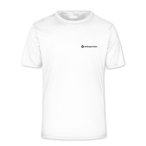 T-shirt bianca in poliestere da uomo a maniche corte.